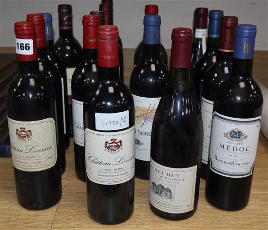 Twenty bottles of French red wine, mixed vineyards and ales